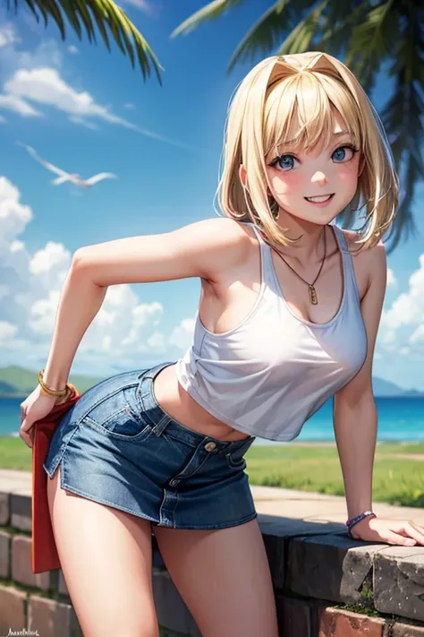 1 female,12 years old,blonde,(miniskirt and big white tank top, (), , natural smile,,,(((leaning forward)))