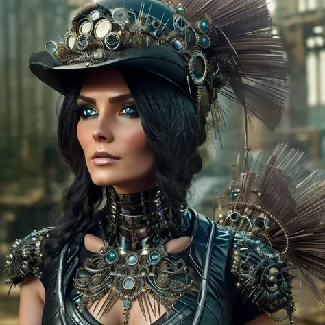 1 woman in streampunk outfit, full body, 30 years old, pretty face, ultra detailed face and eyes, hyperrealistic, realistic repr...