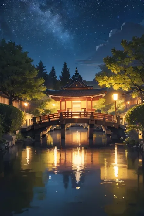 night scene inspired by japanese art, with a garden illuminated by paper lanterns and a wooden bridge over a tranquil lake. the ...