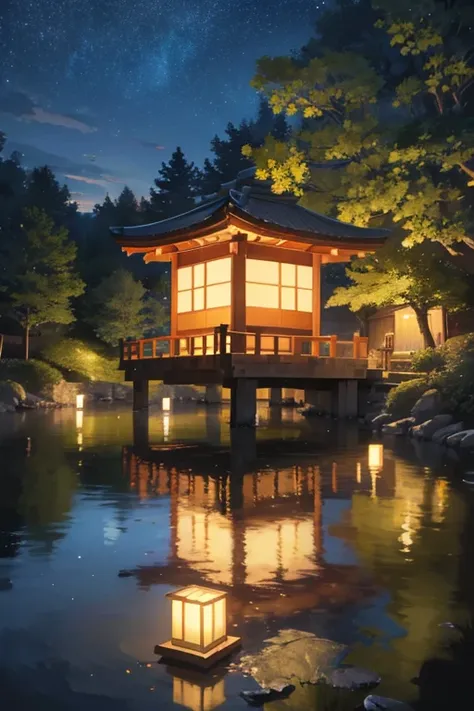 night scene inspired by japanese art, with a garden illuminated by paper lanterns and a wooden bridge over a tranquil lake. the ...