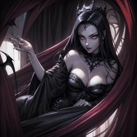 absurdres, ((stunning female Vampire))), goth Renaissance, (long black hair:1.erfect and detailed angular sharp oval shaped face, ((redeyes)), jewelry, red and black tetradic colors, full lips, gothic castle background, (solo), perfect anatomy, approaching...