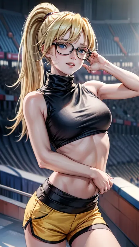 beautiful girl runner, 16 years old, Prepare to practice running, Lean over to tie your shoelaces..........................., Blond hair, Ponytail, bangs, Smile a little..........................., Wear glasses, ((Wear a sleeveless sports bar.................