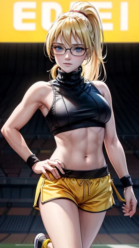 beautiful girl runner, 16 years old, Prepare to practice running, Lean over to tie your shoelaces..........................., Blond hair, Ponytail, bangs, Smile a little..........................., Wear glasses, ((Wear a sleeveless sports bar.................