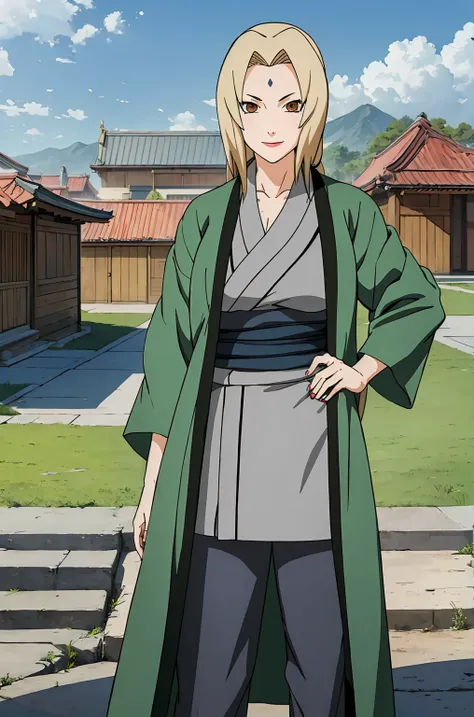 (masterpiece, highest quality:1.2), alone, one girl, tsunade defense, forehead mark, smile, view your audience, hands on hips, k...