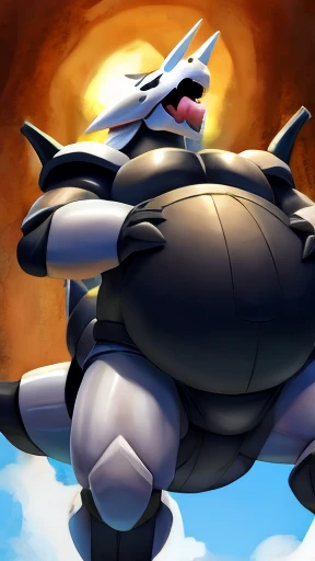 Pokemon aggron, vore, bulging belly, gurgle, shocked expression, low perspective 