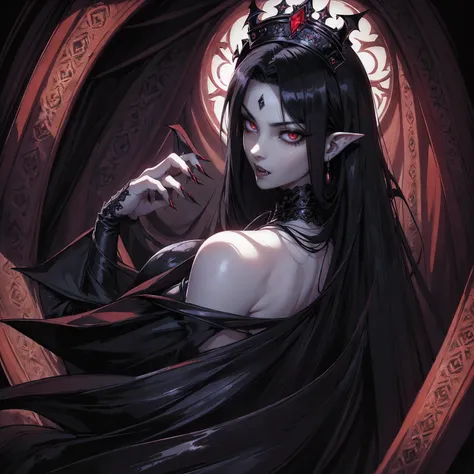 absurdres, ((stunning female vampire))), goth renaissance, (long black hair:1.erfect and detailed angular sharp oval shaped face...