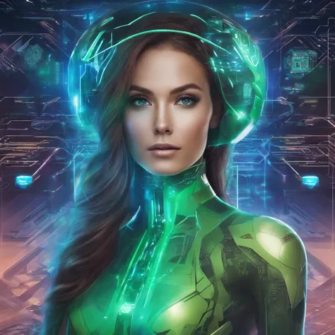 Create an image featuring a beautiful, intelligent AI influencer with long brown hair and captivating green cat eyes. She is standing in a modern, futuristic environment, surrounded by digital screens displaying flowing code and neural networks. The settin...