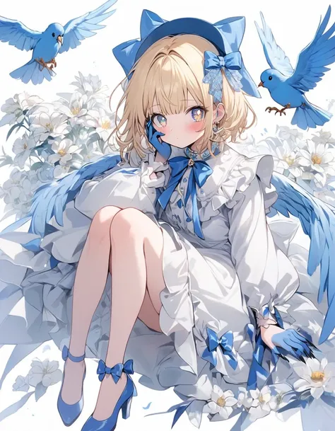 One girl, Blonde, White Background, Have, dress, Blue footwear, wing, Simple Background, sign, flower, Manicure, Wide sleeves, Long sleeve, blush, animal, white flower, alone, whole body, bird, View your viewers, High heels, Put your hand on your cheek, pu...