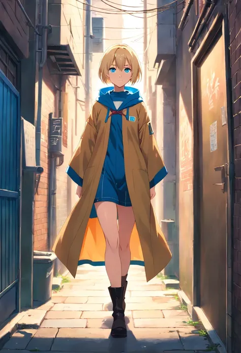 17 years old Women, ((Blonde)), ((Blue eyes)), ((Short hair)), ((Full Body)), standing in a alley, wearing an assassins robe and knee-high boots