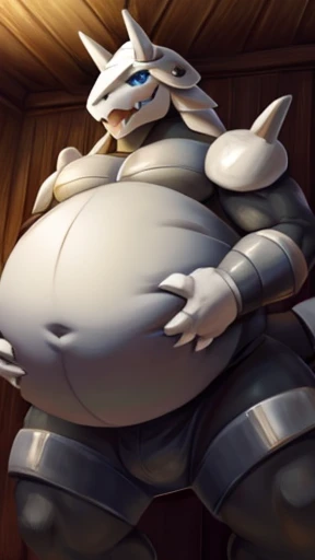 Pokemon aggron, massive belly, squirming belly, vore, bulging belly, gurgle, hands on belly, low perspective 