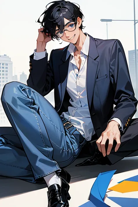 • 4196307501 a teacher male gender,
-description: Black hair, Blue eyes With glasses,(1,80 cm tall), 32 years old, sarcastic smile,
-wearing: White shirt, blue jeans, Black shoes,
-background: school building, in the background,