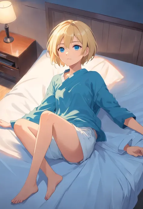 17 years old Women, ((Blonde)), ((Blue eyes)), ((Short hair)), ((Full Body)), lying with half her body covered only by a sheet