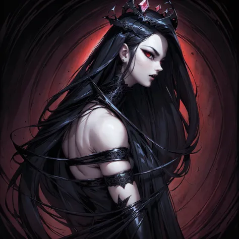 absurdres, ((stunning female Vampire))), goth Renaissance, (long black hair:1.erfect and detailed angular sharp oval shaped face, ((redeyes)), jewelry, red and black tetradic colors, full lips, gothic castle background, (solo), perfect anatomy, approaching...