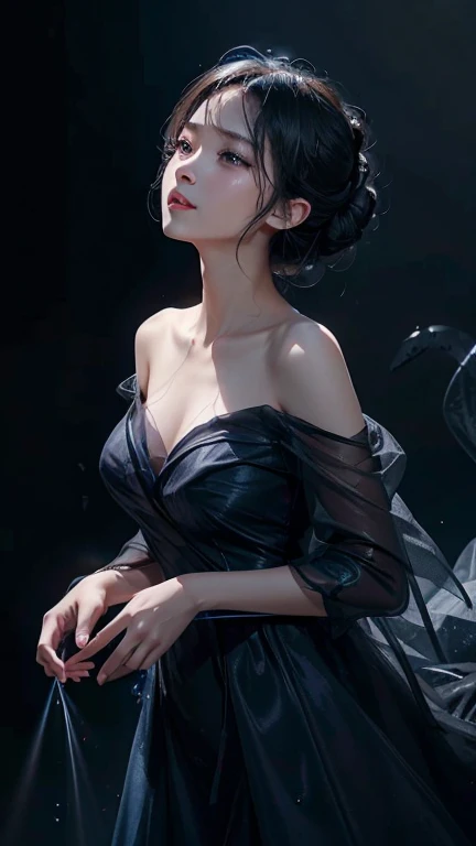 Black background、Professional Lighting、(((Professional Lighting 1.5)))、Translucent skin texture、Sheer skin、Beautiful Skin、、Off the shoulder、Navy Blue Dress、Ecstasy of Musical Notes、