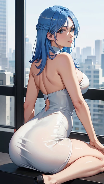 high res, ultrasharp, 8K, masterpiece, looking at viewer, photograph from behind, tight dress, thicc ass, Jennifer Lopez, Blue hair, seductive smile, beautiful face, sitting, minimalist coloring, Jennifer Lopez.