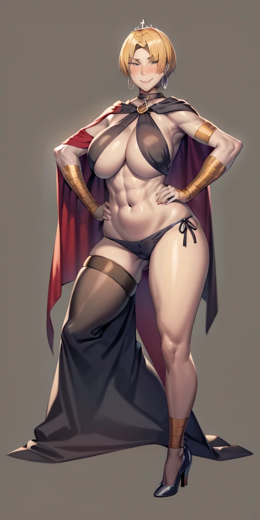 Two long thighs, yellow eyes, blonde hair, short hair, large breasts, detached sleeves, very white background, royal tiara, long cape, yellow tiger bikini, high heels, hands on hips. red tattoo on belly navel, full body female MILF BIMBO, lustful smirking ...