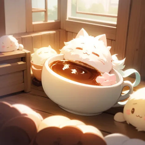 A futon with a fluffy inside of a coffee cup、Fluffy chibi living in a coffee cup、Cute as an angel、A house made of sweets、Yurukyara、PastelColors、Soft light、