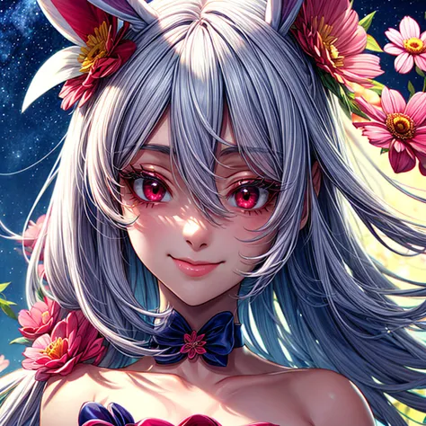 1 mature demi-rabbit woman, {{{long white hair}}}, {{{red eyes}}}, soft pink floral dress with floral accessories, small smile, colourful flower bontanic garden and starry night sky, {best quality.}, {highreaasterpiece.}, {{{medium close up.}}}, {facing vi...