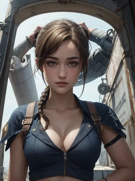 Personagem mulher estilo atompunk Fallout 4 cabelos pretos  atriz Ella Purnell com marcas de guerras Imagem de desenho animado de uma mulher .Ilustracaoo estilo desenho animado, estilo de arte dos desenhos animados, estilo de arte dos desenhos animados, di...