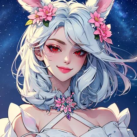 1 mature demi-rabbit woman, {{{long white hair}}}, {{{red eyes}}}, soft pink floral dress with floral accessories, small smile, colourful flower bontanic garden, starry night sky, {best quality.}, {highreaasterpiece.}, {{{medium close up.}}}, {facing viewe...