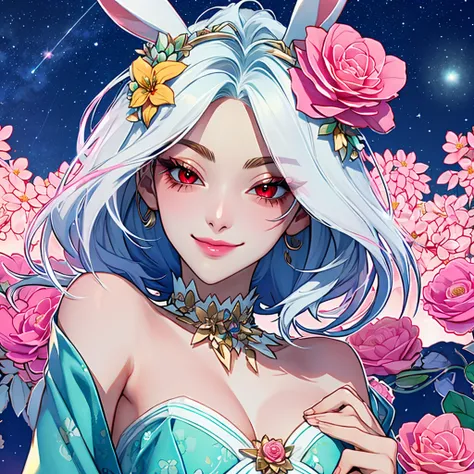 1 mature demi-rabbit woman, {{{long white hair}}}, {{{red eyes}}}, soft pink floral dress with floral accessories, small smile, colourful flower bontanic garden, starry night sky, {best quality.}, {highreaasterpiece.}, {{{medium close up.}}}, {facing viewe...