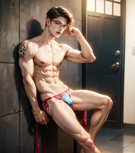 HD quality, high definition, a male labor worker 18 years old handsome, muscular and slim, red lips, leaning forward pushing wall of his clinic, ((wearing thong)) , model with bracelets, earrings, with reading glasses, fully nude and naked body, eyebrowse ...