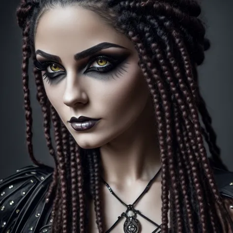 1 woman in gothic outfit, female, full body, 30 years old, pretty face, ultra detailed face and eyes, hyperrealistic, realistic representation,  hairstyle dreadlocks