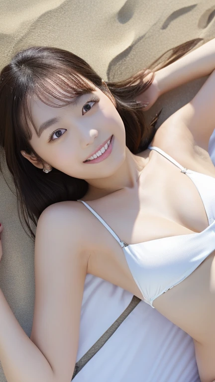 (Highest Resolution, 4K, masterpiece: 1.3), Japanese women, A photo of a woman, cute: 1.1, Beautiful Eyes,Symmetrical eyes,Big eyes, Slim figure, Realistic teeth, double eyelid, (whole body:1.3), highest quality, detailed, Long Hair,、((White Bikini)), ((Ly...