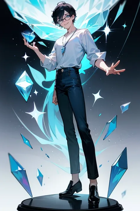 • 4196307501 a teacher male gender,
-description: Short black hair, Blue eyes With glasses,(1,80 cm tall), 32 years old, sarcastic smile,
-wearing: White shirt, necklace with magic crystal, blue jeans, Black shoes,
-background: school building, in the back...