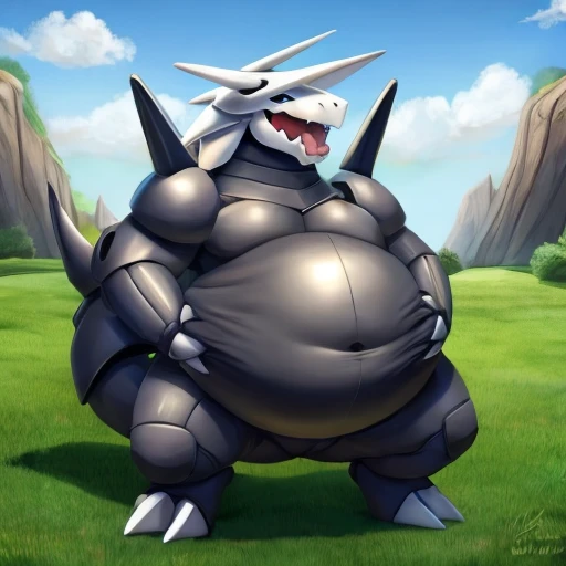 pokemon aggron, vore, squirming belly, obese bulging belly, gurgle, hands on belly,