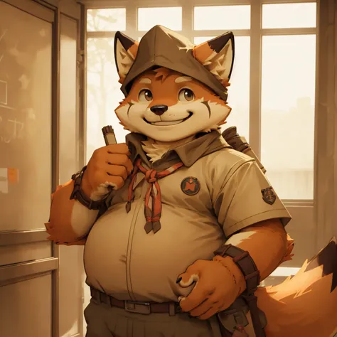 new jersey 5 furry，fox，portrait,exquisite，chubby，orange plush fur，cute face，handsome，school，scout costumes，standing，smile