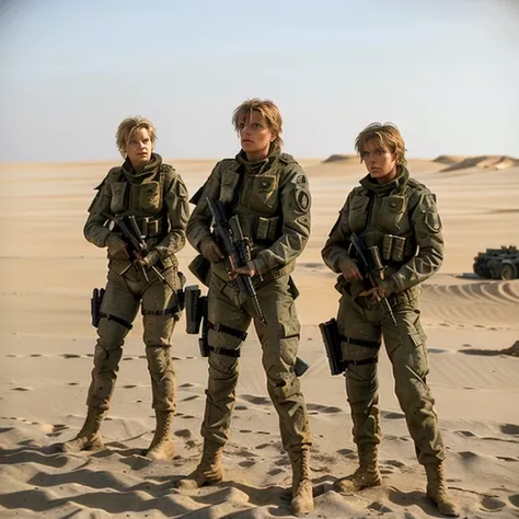 there are three soldiers standing in the sand with a woman in a bikini, bikini + tattered military equipment, scene from dune 2 ...