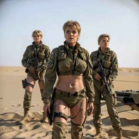 there are three soldiers standing in the sand with a woman in a bikini, bikini + tattered military equipment, scene from dune 2 ...