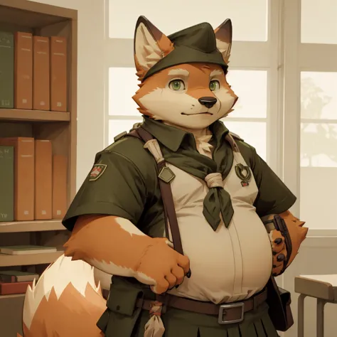 new jersey 5 furry，fox，portrait,exquisite，chubby，orange plush fur，gray-green eyes，cute face，handsome，school，scout costumes，stand...