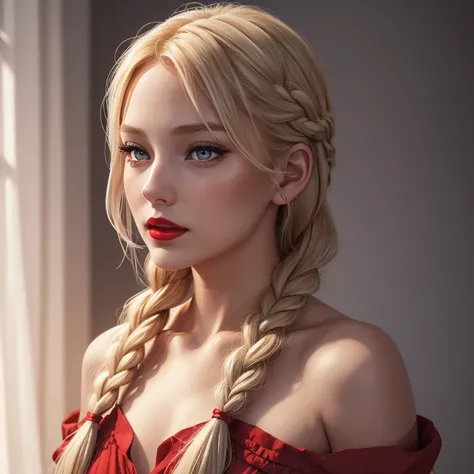 (blond girl,long braid reaching the opposite shoulder,ruby long dress,gray eyes, no makeup, red lipstick)illustration,ultra-detailed,highres,photorealistic,portrait,vivid colors,soft lighting