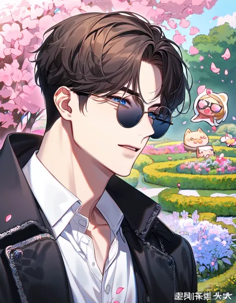 absurdres, highres, ultra detailed, HDR, master piece, best quality, Lim Haegyung, brown messy short hair, expressive blue eyes, round black sunglasses, Love Jinx, 1man, handsome, black coat, white shirt, petals, garden, pink butterflies