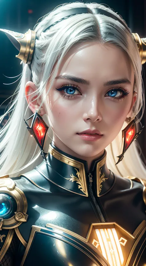 Portrait of a beautiful girl with wavy white hair, wearing a formal black dress with metal parts, red eyes, monograms in the background, digital painting, dark colors, 8k, complex details, vintage, retro futuristic style, sharp focus on the center, pastel ...