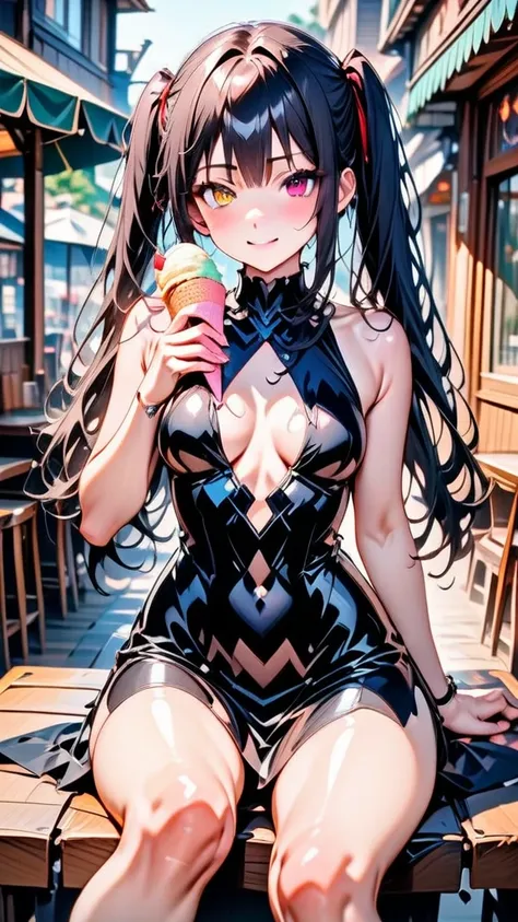 (Highest quality 16k),(Ephemeral),(Detailed and delicate),1girl,Kurumi (Date A Live) solo,long hair,happy expression,beautiful smile,beautiful Summer liquid Dress,Looking at the viewer,sitting on an outdoor restaurant table,ice cream,sunny day,(Summer:1.3)...