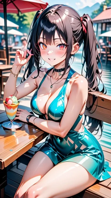 (Highest quality 16k),(Ephemeral),(Detailed and delicate),1girl,Kurumi (Date A Live) solo,long hair,happy expression,beautiful smile,beautiful Summer liquid Dress,Looking at the viewer,sitting on an outdoor restaurant table,ice cream,sunny day,(Summer:1.3)...