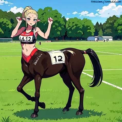 Many Centaur Women.
 They are all athletes.
 All participants are wearing numbered bibs..
 Her hairstyle exposes her forehead.
 Masterpiece,
 Everyone talking in the paddock before the race