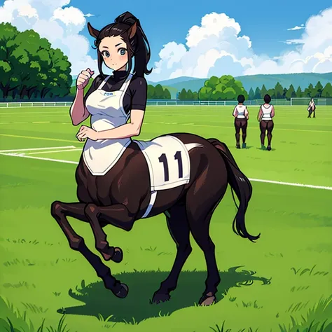 many centaur women.
 they are all athletes.
 all participants are wearing numbered bibs..
 her hairstyle exposes her forehead.
 ...