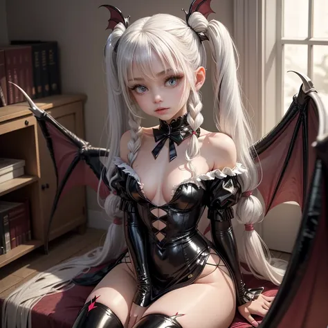 12 year old vampire girl long white hair with pigtails vampire wings on her head dressed in latex with mayons, is in a furnished room. kiddy