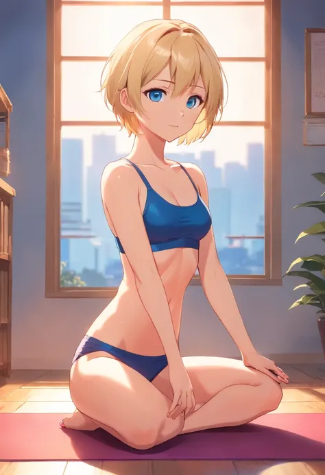 17 years old Women, ((Blonde)), ((Blue eyes)), ((Short hair)), ((Full Body)), doing a yoga pose dressed in underwear and red bra, the shot is wide