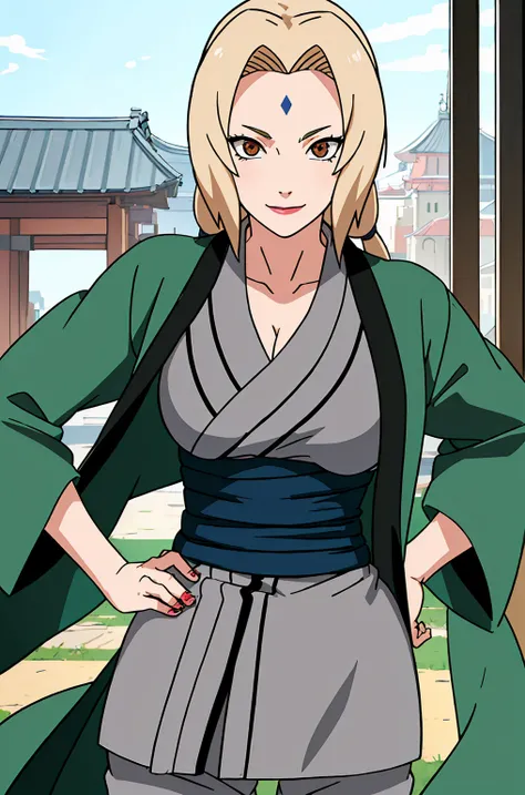 (masterpiece, highest quality:1.2), alone, one girl, tsunade defense, forehead mark, smile, view your audience, hands on hips, k...