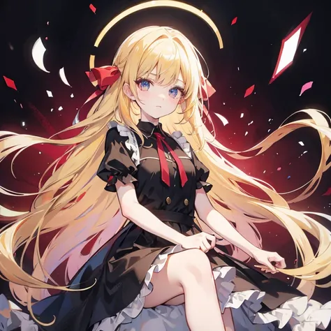 blonde　girl　as tall as a child　she has a red ribbon on her head　a black dress over a dress shirt　with arms outstretched　eye colo...