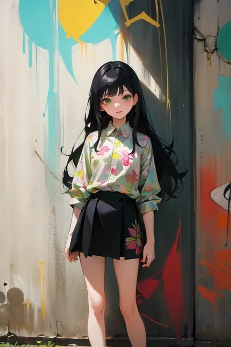 • a feminine girl,
-description: Loose long black hair, green eyes, (1.60 cm tall), 20 years old, 
-wearing: floral shirt, mini black skirt, printed sneakers,
-background: facing the wall, graffiti,