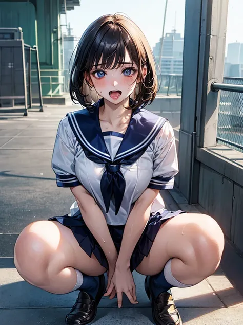 (((perfect anatomy, anatomically correct, super detailed skin))), 1 girl, japanese, high school girl, shiny skin, watching the viewer, 
beautiful hair, beautiful face, beautiful detailed eyes, (short hair:1.1, bob cut:1.2), dark blonde hair:1, blue eyes, b...