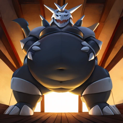 pokemon aggron, vore, squirming belly, obese bulging belly, gurgle, hands on belly,  low perspective, reaching to viewer