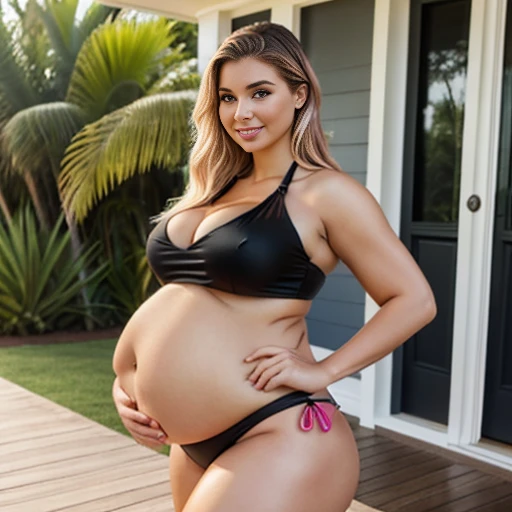 Foto hiperrealista en primer plano de Emily Sears , masterpiece, best quality, (photorealistic:1.4), full body, (gloss black luxury crop top:1.2) and (pink bottom bikini:1.2), sandals, on the front porch of beach house, summer day, cinematic light, beautif...