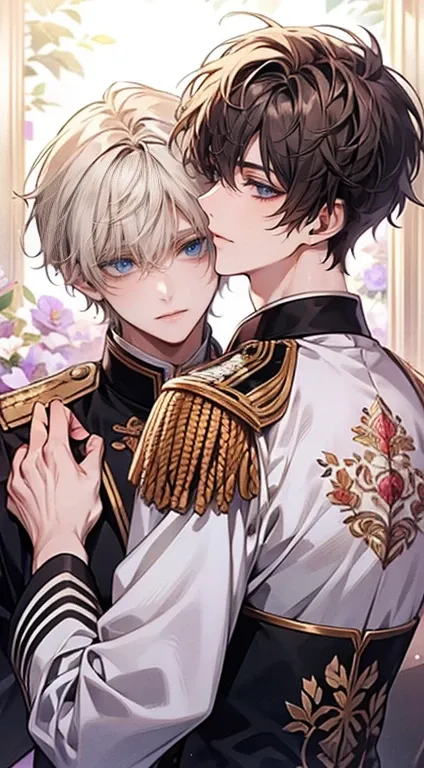 Anime style, two handsome young men, blonde with bangs, short white hair, blue eyes, uniform-like attire with lace details, purple flowers, floral patterns in the background, one embracing the other from behind, expressions of surprise, background with lig...